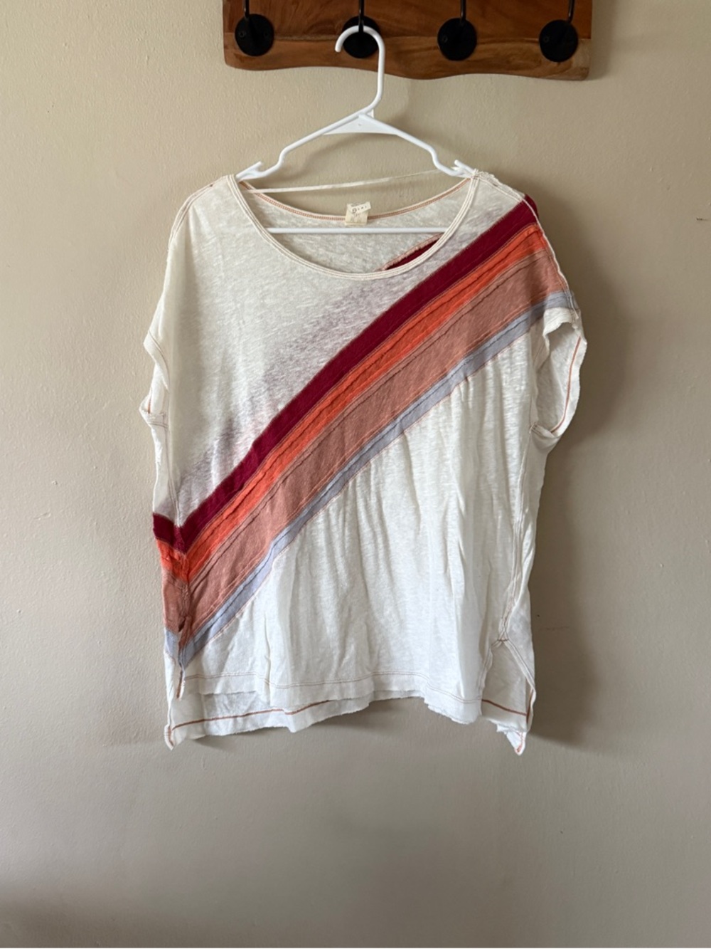 Free People Cream Top with Diagonal Red, Orange, Pink and Blue Stripes